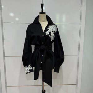 GIZIA Belted Embroidery Detailed Voluminous Sleeve Black Blouse, Size 38